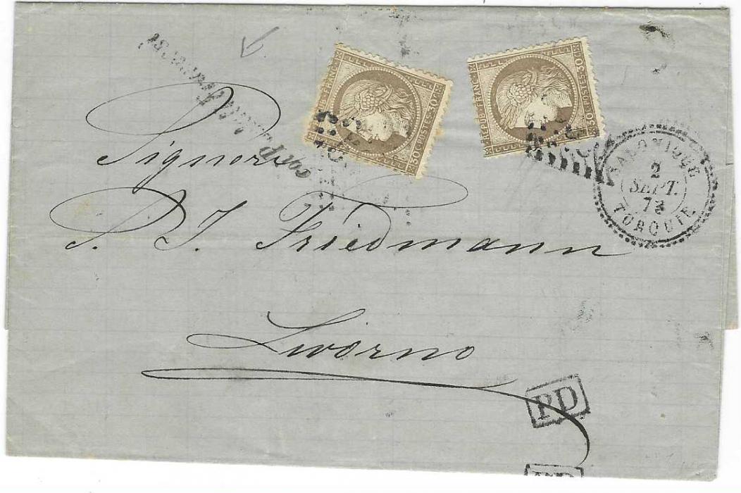 French Levant 1873 outer letter sheet to Livorno franked two 30c. ‘Ceres’ tied gros chiffres ‘5905’ with Salonique Turquie cds in association, framed PD at base and with straight-line ‘Col Postali Francesi’ handstamp, reverse with Napoli transit and arrival cds.