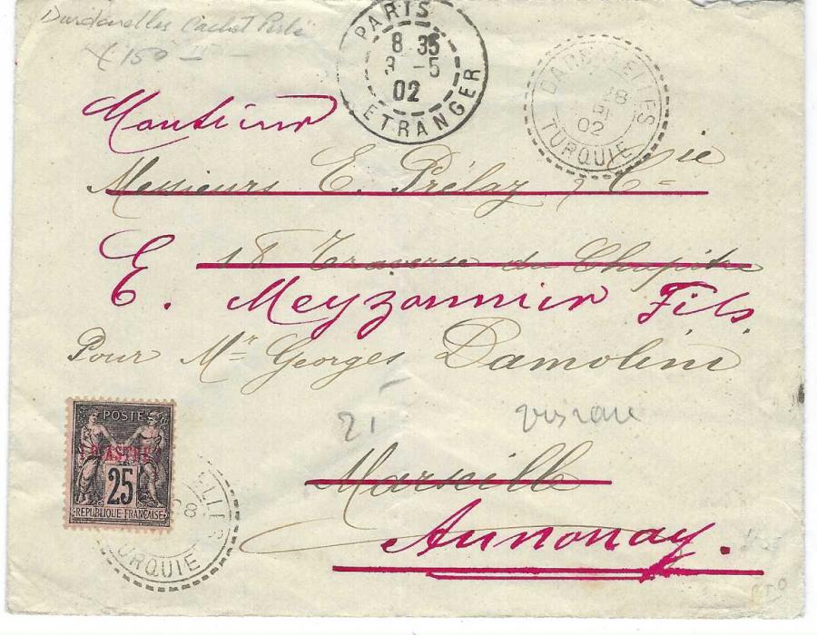French Levant 1902 (28 Avril) cover to Marseille franked 1 Piastre 1 on 25c. tied Dardanelles Turquie cds, redirected on arrival to Annonay; some faults to backflap.