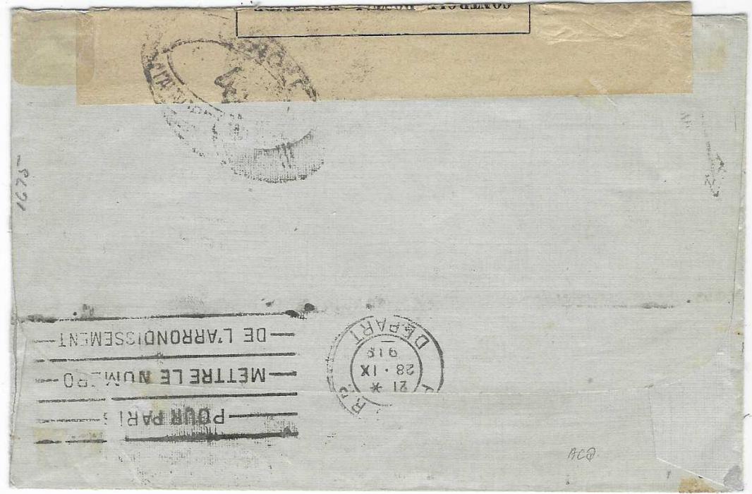 French Levant 1919 (22.9.) envelope to American Express, Paris franked Merson 1f.  and Sower 10c. and 15c. tied by framed ARMEES ALLIEES EN ORIENT/ POSTE AERIENNE cachet, Tresor et Postes 506 cds, censor tape at top that is tied at back.