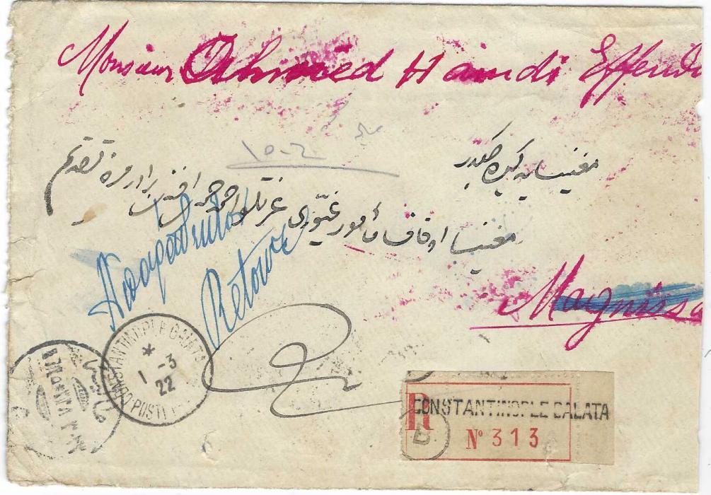 French Levant 1922 (1.3.) registered cover from Constantinople to Magnissa, Greece bearing on reverse single franking Merson 15pi. on 1f. tied French Post Office cds, transit Tresor et Postes 528 (of Smyrna), Greek Smyrna transit of 22 Feb and blue arrival cds of 24th where bilingually inscribed “Retour”, Greek Smyrna cds of 28th and a strip of selvedge applied and tied by two further strikes, return cancels of Constantinople and Galata; slightly reduced at side.