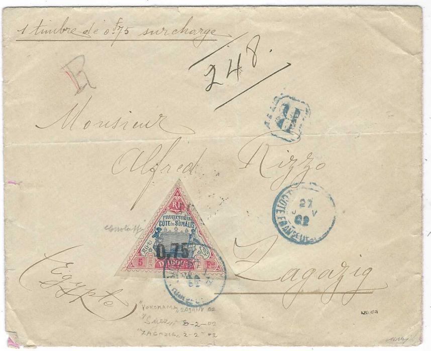 French Somali Coast (Djibouti) 1902 (27 Janv) registered cover to Zagazig, Egypt bearing single franking 1902 ‘0.75’ on 5f. triangle issue tied unclear blue cds with framed ‘R’ in same colour, reverse with Yokohama A Marseille L.N.No.6 octagonal date stamp, Suez transit and arrival cds; horizontal and vertical filing folds clear of stamp; scarce stamp on cover.