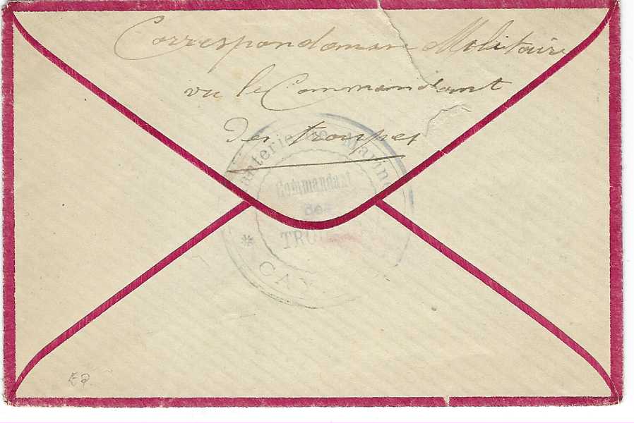 French Guiana 1896 (3 Fevr) red bordered envelope to Paris franked 1892 15c. tied by octagonal  CORR. D’ARMEES CAYENNE date stamp repeated at right which is overstruck with arrival cancel, military cachet on reverse and manuscript annotation “Correspondance Militaire/ le Commandent des troupes”; small tear in backflap.