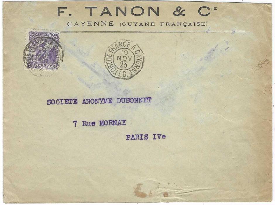 French Guiana 1923 (19 Nov) printed envelope to Paris franked 1904-07 25c. cancelled octagonal  Fort De France A Cayenne L.C.