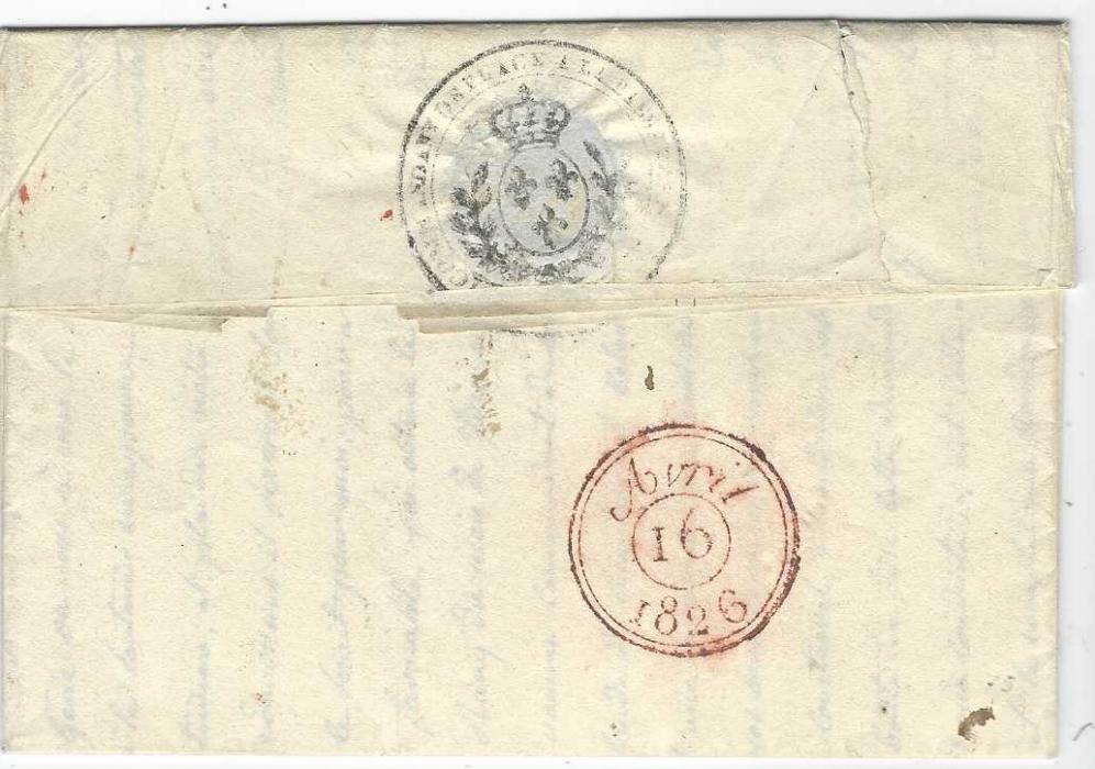 Guadeloupe 1826 (Feb 13) entire letter from Basse Terre to Paris, bearing red two-line COLONIES PAR/ LE HAVRE handstamp, charged “6” decimes including the local delivery for 5 decimes, with arrival on reverse of 16 April and ornate cachet ‘COMMANDANT DE PLACE A BASSE TERRE’