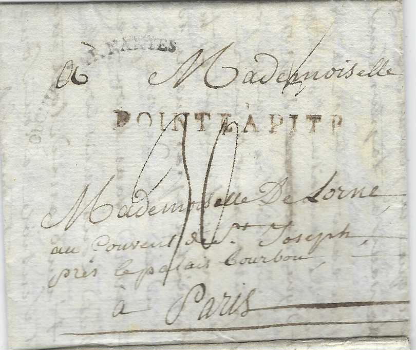 Guadeloupe 1788 (12 Jan) entire to Paris with straight-line POINTE A PITRE handstamp and cursive COLONIES PAR NANTES handstamp, reverse with ‘5e Lvee’ handstamp; fine and scarce.