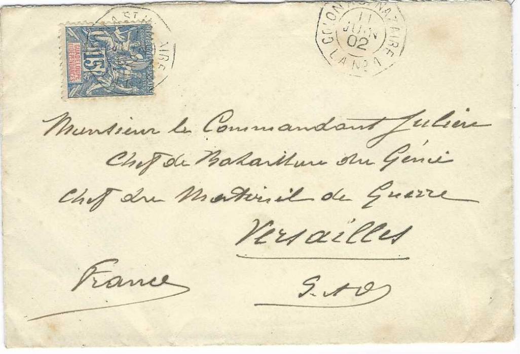 Guadeloupe 1902 (11 Juin) cover to “Chef du Material de Guerre, Versailles” franked 15c. tied by COLON A ST NAZAIRE LA No.1  octagonal date stamp, arrival backstamp.