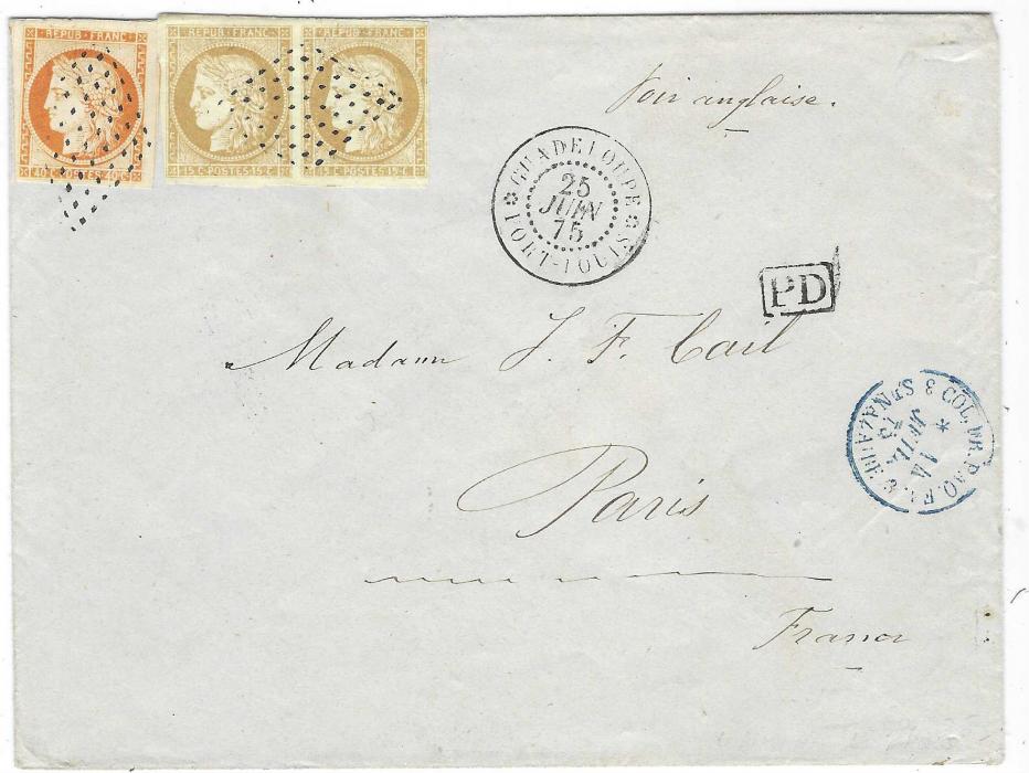 Guadeloupe 1875 (25 Juin) cover to Paris, franked General Colony 1871-76 ‘Ceres’ 15c pair and a 40c. with close to mostly large margins lightly cancelled with grille handstamps, Guadeloupe  Port Louis cds to right, framed PD and blue 3 Col. Fr.Paq F? 3 St NAZAIRE date stamp, reverse with *PAQ.FR.* Pointe A Pitre Guad cds and arrival cds. Fine and fresh condition. Ex. Grabowski.