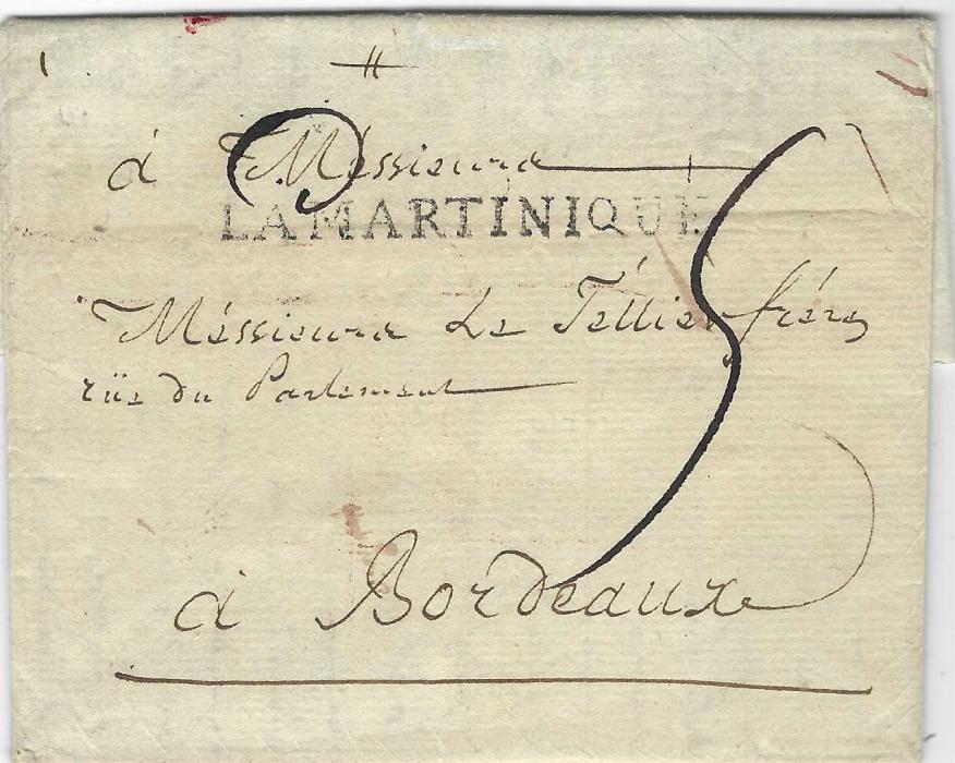 Martinique 1787 entire from St Pierre to Bordeaux with handling annotation on reverse bearing on front good strike of straight-line LA MARTINIQUE; a fine early entire in good condition.