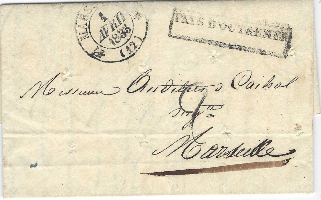 Martinique (Disinfected Mail) 1833 entire to Marseille with framed ‘PAYS D’OUTREMER’ handstamp and Marseille cds alongside, reverse with straight-line MARTINIQUE despatch and italic ‘Purifiee a Marseille’ (partly missing) and another arrival cancel. Deisinfected with rastel punching.