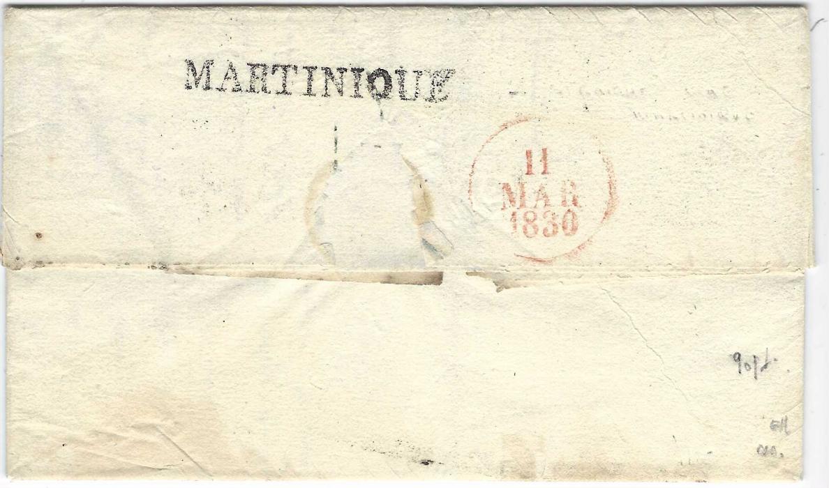 Martinique 1830 entire to Le Havre bearing fin framed PAYS DOUTREMER/ PAR NANTES handstamp with unclear cds alongside, reverse with straight-line MARTINIQUE and red arrival cds; fine and fresh condition.