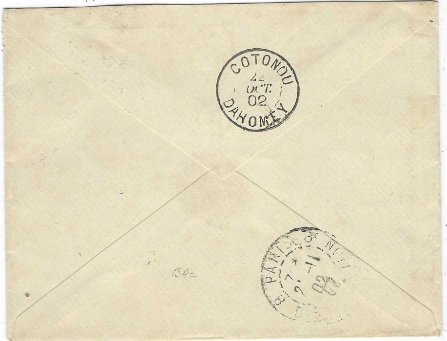 Dahomey (Benin) 1902 (22 Oct) cover to Paris  franked 15c. tied multi faceted Telegraphie Militaire/ Poste No.6/ Benin with another clearer cancel alongside, bottom left octagonal Loango A Bordeaux L.L.No.3 maritime date stamp, Cotonou transit and arrival backstamps.