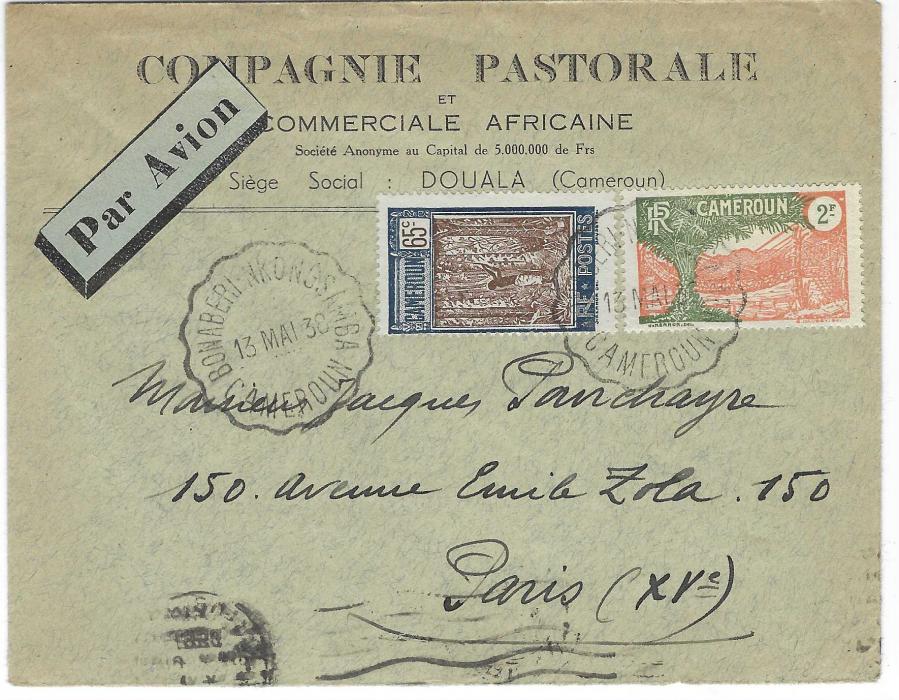 Cameroun 1938 (13 Mai) commercial airmail envelope to Paris franked 65c. and 2f. tied by multi-faceted BONABERI NKONGSAMBA CAMEROUN TPO date stamp, arrival backstamp.