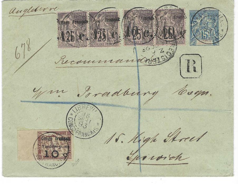 French Congo 1899 (8 Juin) cover to Basle, Switzerland under franked at 15c. rate for France and Colonies, tied three-line TALAGOUGA date stamp, octagonal maritime Loango A Marseille L.M. No.1 date stamp at base, blue manuscript”20” charge with 1897 20c. Postage Due, type II inverted, applied and tied Basel cds. Fine and rare.