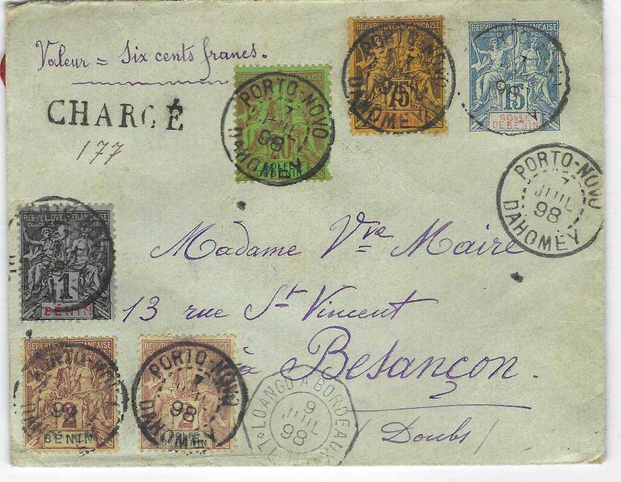Benin (Benin) 1898 (5 Juil) Value Declared for 600 francs on Golfe De Benin 15c. postal stationery envelope to Besancon additionally franked Golfe de Benin 2c., 20c. and 75c. in combination with Benin 1c. and 2c. all tied Porto Novo Dahomey cds, straight-line CHARGE at left and octagonal maritime date stamp at base, reverse with framed segmented handstamp, arrival cds and five red wx seals. A rare franking made up of 50c. postage, 25c. registration and 40c. insurance. Ex. Grabowski.
