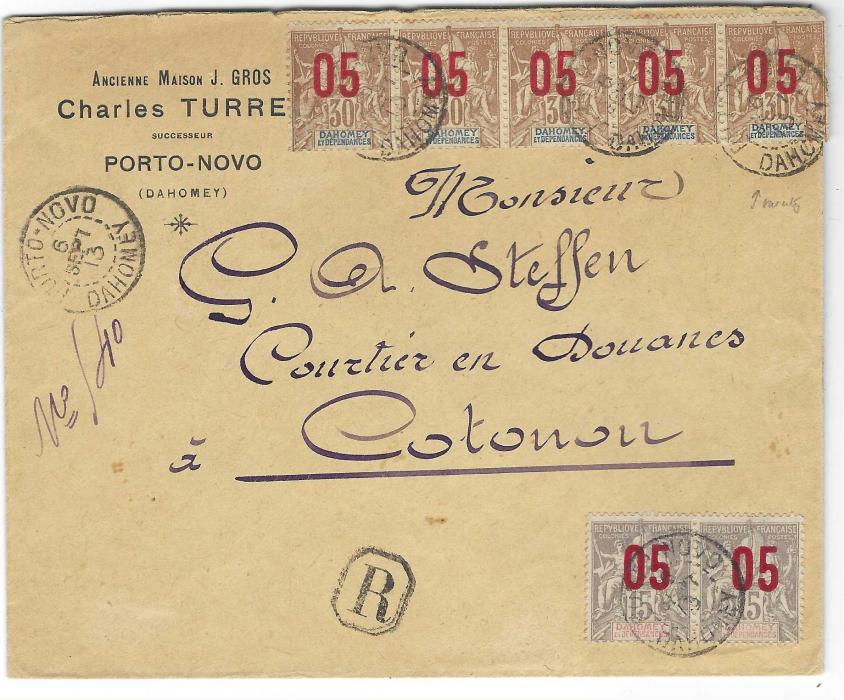 Dahomey 1913 (6 Sept) registered cover to Cotonou franked 1912 ‘05’ on 15c. pair and ‘05’ on 30c. strip of five, the last stamp with wide spacing, all tied Porto-Novo cds, arrival backstamp