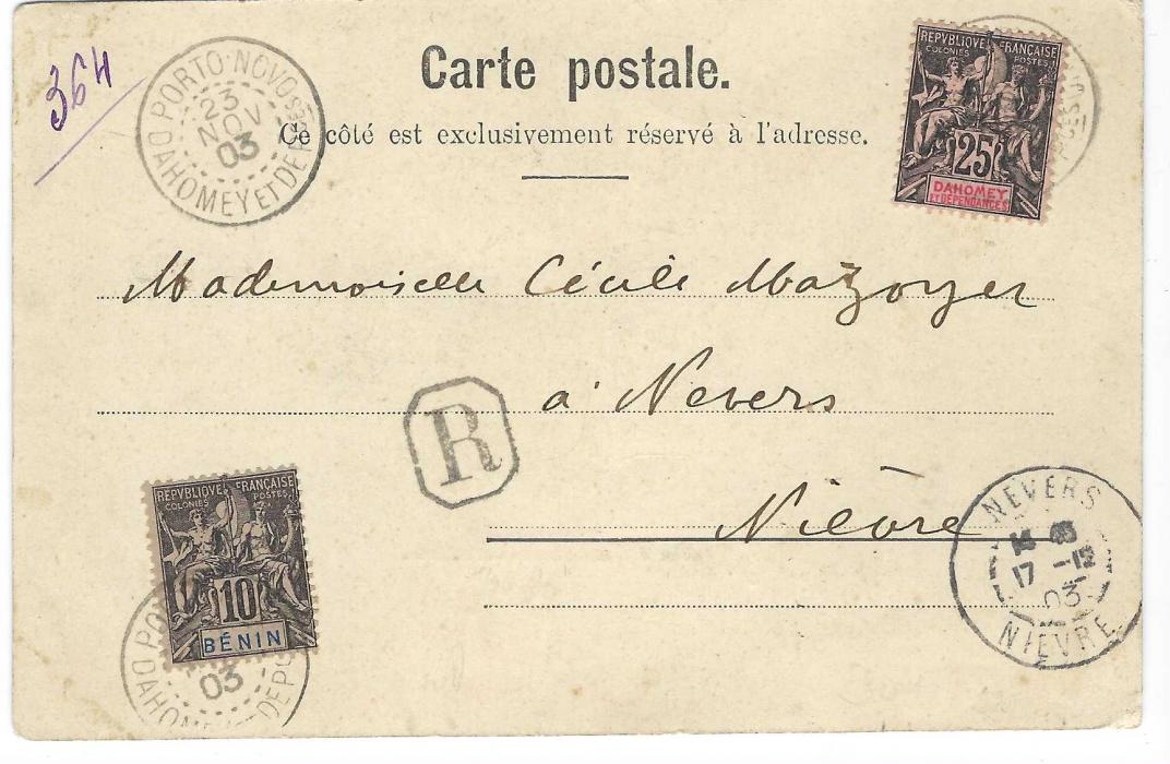 Dahomey (Benin) 1903 (23 Nov) registered picture postcard to Nevers, franked Benin 10c. and Dahomey 25c. tied by Porto-Novo cds; fine and scarce usage.