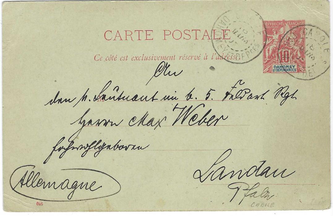 Dahomey 1905 (24 Fevr) 10c. black and blue stationery card used Abomey-Calavi to Cotonou and 1909 10c. red and blue card Cabole to Germany; fine condition.