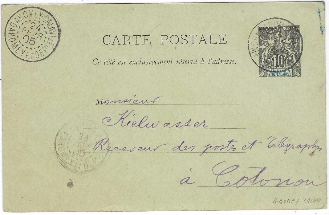 Dahomey 1905 (24 Fevr) 10c. black and blue stationery card used Abomey-Calavi to Cotonou and 1909 10c. red and blue card Cabole to Germany; fine condition.