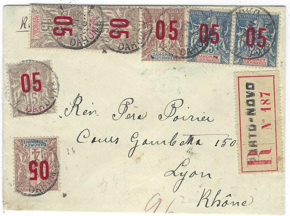 Dahomey 1913 registered cover to Lyon with ‘05’ on 4c. (2, one with wide spacing) ‘05’ on 15c. pair and single plus ‘05’ on 25c. pair all tied with Porto-Novo cds with matching registration etiquette; slightly reduced at base with small part of bottom flap missing.