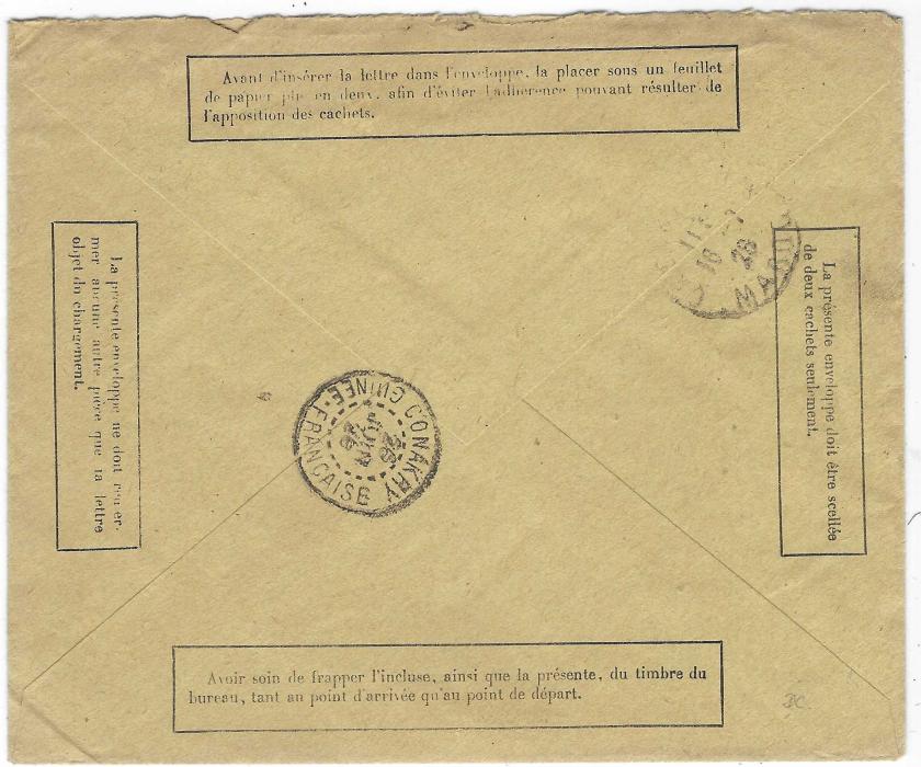French Guinea 1926 (24 Juin) POSTES ET TELEGRAPHES printed envelope with manuscript “valeur recouvree” alongside printed CHARGE, used to Casablanca, Morocco franked 1922-2630c. tied Kankan cds, pink registration label bottom left, reverse with Conakry transit and arrival cds; fine condition.