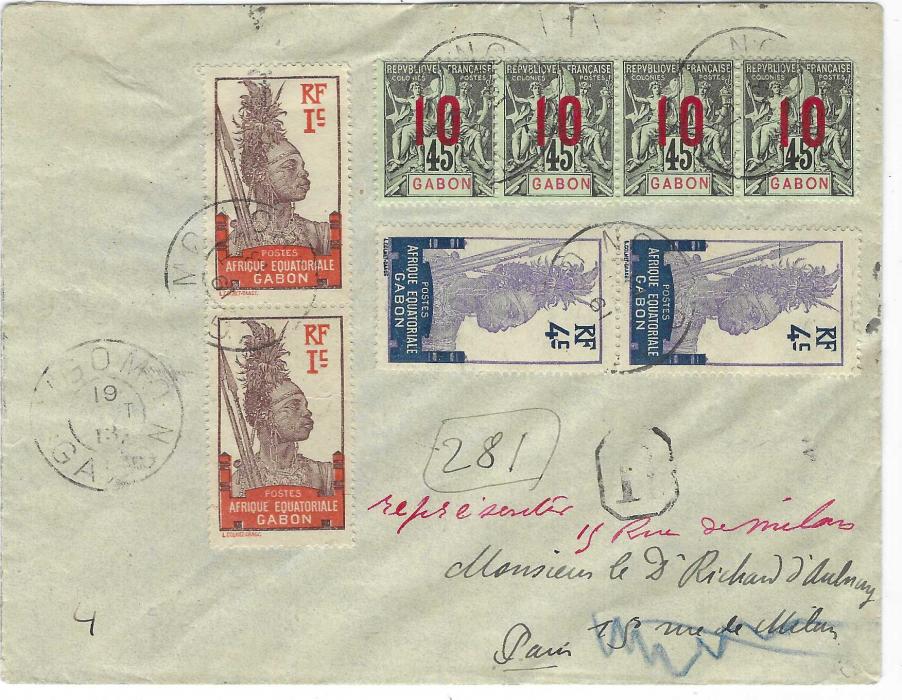 Gabon 1918 (19 Aout) registered cover to Paris with mixed franking ‘10’ on 45c. strip of four plus ‘Warrior’ 1c. pair and 4c. pair tied N’Gomo cds, reverse with Cap-Lopez transit and Paris cancels.