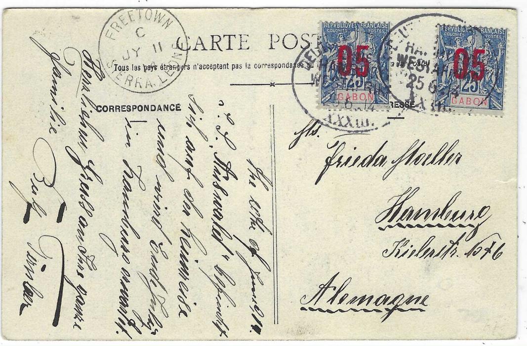 Gabon 1914 (25.6.) picture postcard to Hamburg franked ‘05’ on 25c. tied by oval Deutsche Seepost/ Hamburg/ Westafrika XXXIII date stamps, Freetown Sierra Leone transit at left.