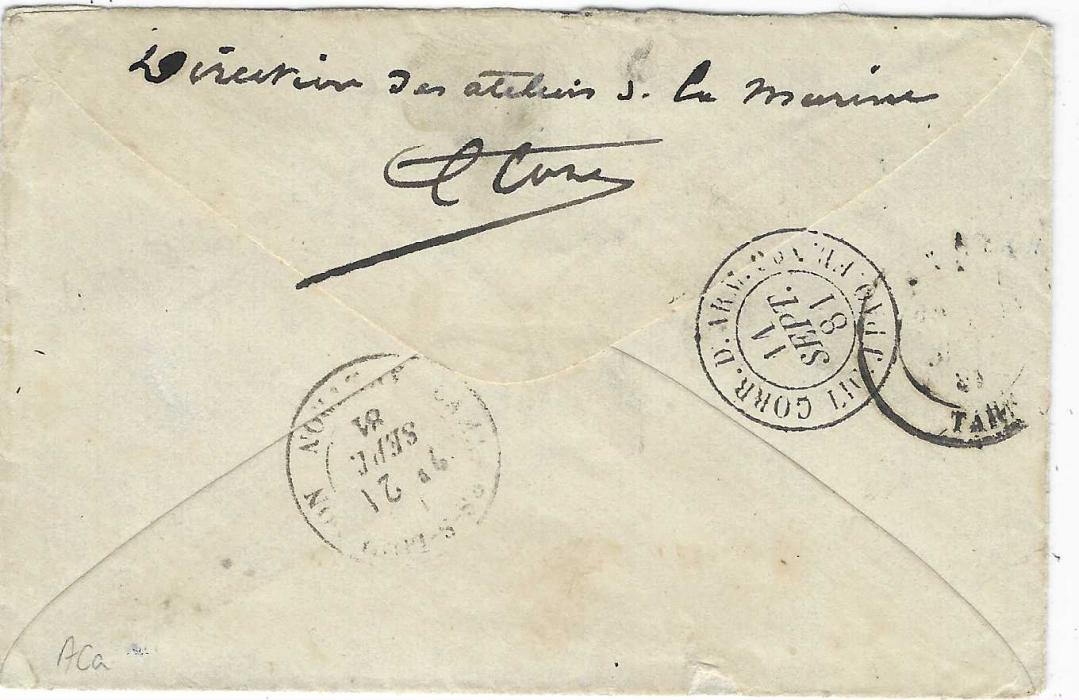 Senegal 1881 (7 Sept) cover to Verviers franked General Colony 15c. tied scarce blue octagonal Corr d’Armee St Louis date stamp showing inverted month within cancel, reverse with Officers signature and maritime Corr. D. Arm. Lig.J Paq. Fr. No.6 plus arrival cancels.