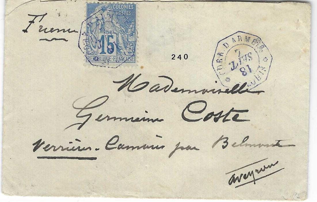 Senegal 1881 (7 Sept) cover to Verviers franked General Colony 15c. tied scarce blue octagonal Corr d’Armee St Louis date stamp showing inverted month within cancel, reverse with Officers signature and maritime Corr. D. Arm. Lig.J Paq. Fr. No.6 plus arrival cancels.