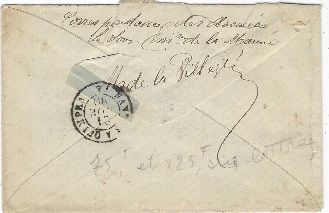 Senegal 1880 (7 Nov) cover to France franked General Colony 15c. ‘Sage’ imperf top marginal, margin bumped at right, tied scarce blue octagonal Corr d’Armee St Louis date stamp, repeated at top with Paq Fr. J. No.5 octagonal date stamp, reverse with Officers signature.