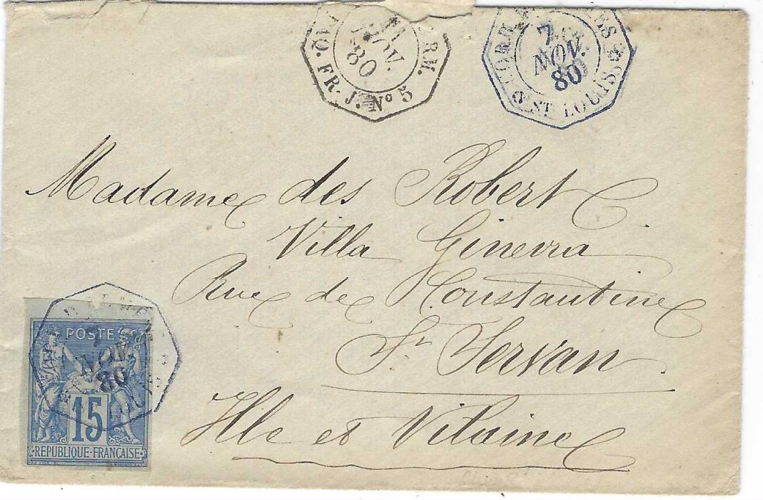 Senegal 1880 (7 Nov) cover to France franked General Colony 15c. ‘Sage’ imperf top marginal, margin bumped at right, tied scarce blue octagonal Corr d’Armee St Louis date stamp, repeated at top with Paq Fr. J. No.5 octagonal date stamp, reverse with Officers signature.
