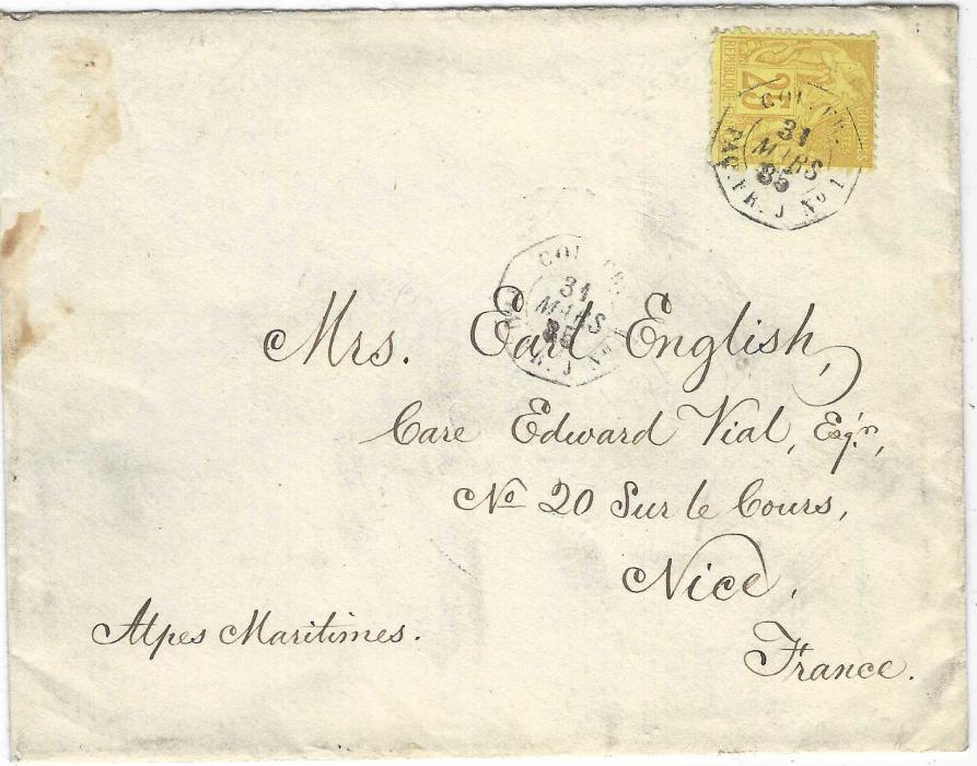 Senegal 1885 cover to Nice franked 25c. General Colony tied COL.FR.PAQ.FR. J No.1 octagonal maritime date stamp with another strike to left, reverse with Bordeaux Cette Papide date stamp and arrival cds, the backflap of envelope with printed FLAGSHIP LANCASTER.