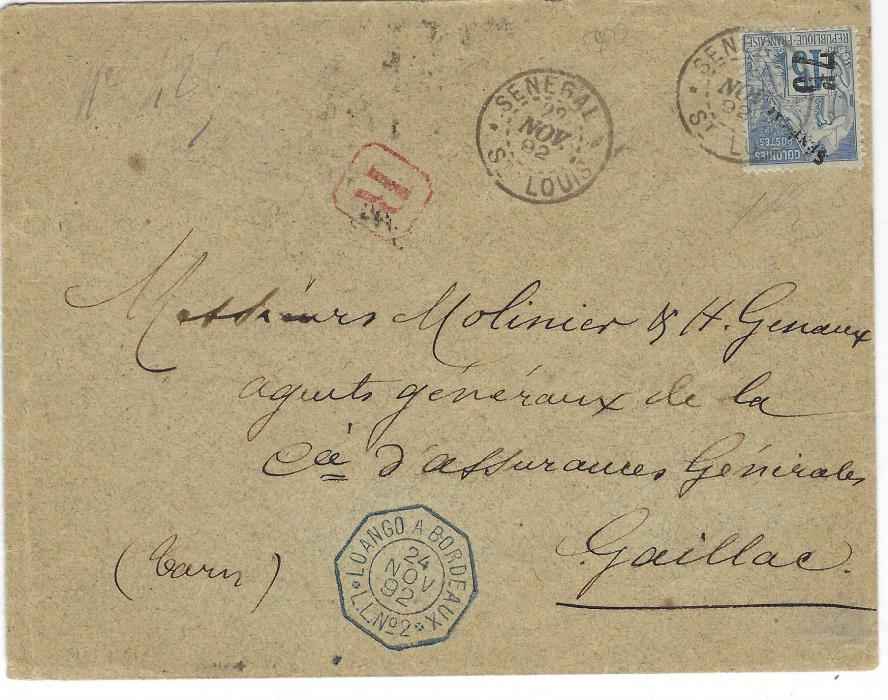 Senegal 1892 registered cover to France franked 75 on 15c. tied Senegal St Louis cds with another strike alongside, red framed R handstamp and very fine Loango A Bordeaux *L.L.No.2* maritime date stamp, arrival backstamps, scarce.
