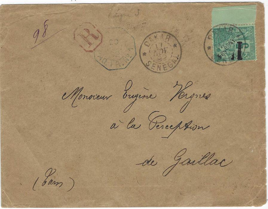 Senegal 1892 (17 Nov) registered envelope to Gaillac bearing single franking marginal ‘1f’ on 5c. tied by Dakar cds repeated to left, red framed ‘R’ and unclear octagonal maritime date stamp, reverse with transit and arrival backstamps; rare stamps on cover with 2000 issued.