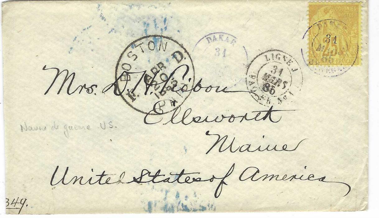 Senegal 1885 cover to Maine, USA franked 25c. General Colony tied violet Dakar cds with another strike to left, Ligne J Paq. Fr. No.1 maritime cds and Boston F.D. Paid date stamp at left, Paris Etranger Paris backstamp, the backflap of envelope with printed FLAGSHIP LANCASTER