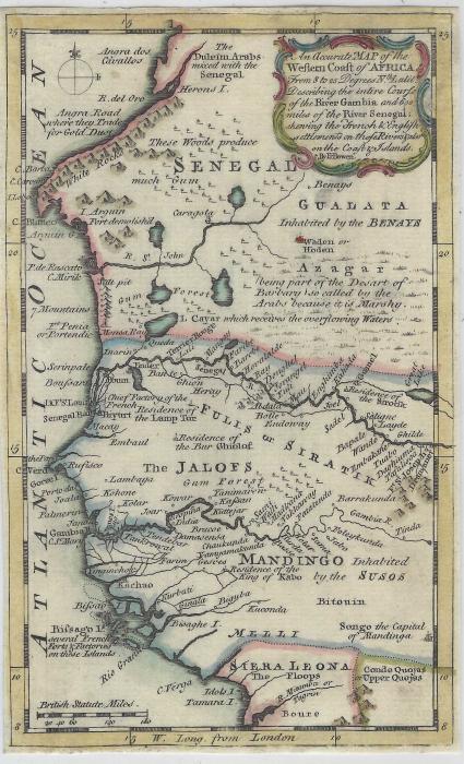 Gambia 1747 Samuel Bowen colour map showing west coast of Africa describing the entire course of the River Gambia and 600 miles of River Senegal. Fine condition 115 190mm