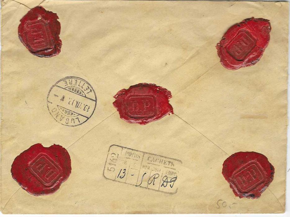 Algeria 1892 Value Declared CHARGE envelope for 200 francs to Sonvico, Switzerland franked ‘Sage’ 10c. (damaged corner), 25c. and 50c. tied Boghari Alger cds, revere with framed segmented handstamp (number 5142), Lugano transit and five red wax seals. 
