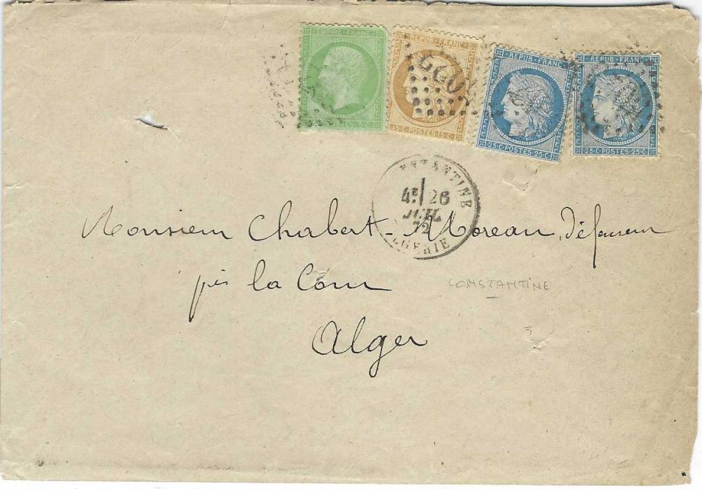 Algeria 1872 (26 Juil) cover to Alger with mixed franking of 1871 5c. Napoleon and 1871 15c. and 25c. (2) Ceres tied by ‘5022’ gros chiffres with Constantine cds in association; envelope with slight faults (maybe from disinfection)