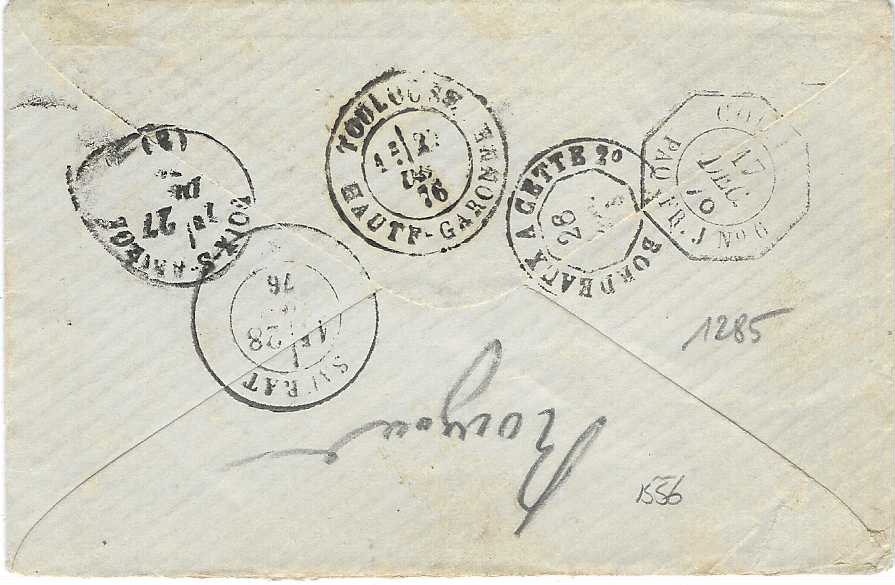 Senegal 1876 (12 Dec) envelope to Saurat franked 1872-73 General Colony 10c brown/rose and 30c brown, good to clear margins, cancelled SNG in lozenge with St Louis cds in association at left, reverse with octagonal  Col Fr. Paq. Fr. J No.6 date stamp, various local transits and arrival cds; small fault at base of envelope. A fine cover, Ex. Sacher.