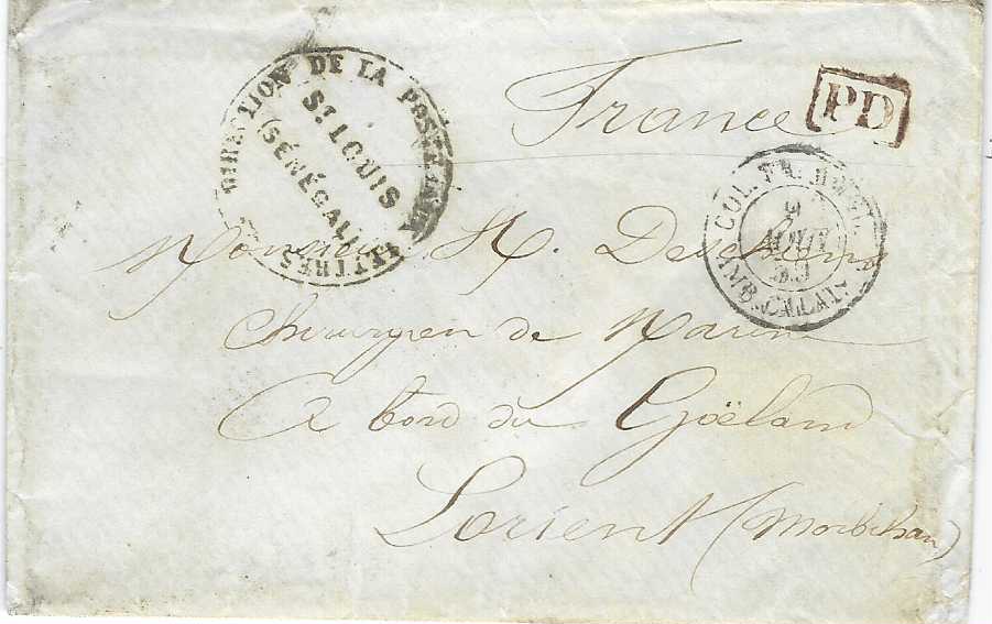 Senegal 1859-1860 Three items with entire to Bordeaux with OUTRE-MER PAVILLAC date stamp, charged at 60c. as no indication of origin, so charge international rate, envelope with Direction De La Poste Aux Lettres St Louis Senegal hand stamp and ‘COL FR ANGL AMB CALAIS’ date stamp and entire similarly handstamped, without the PD but same maritime cancel.
