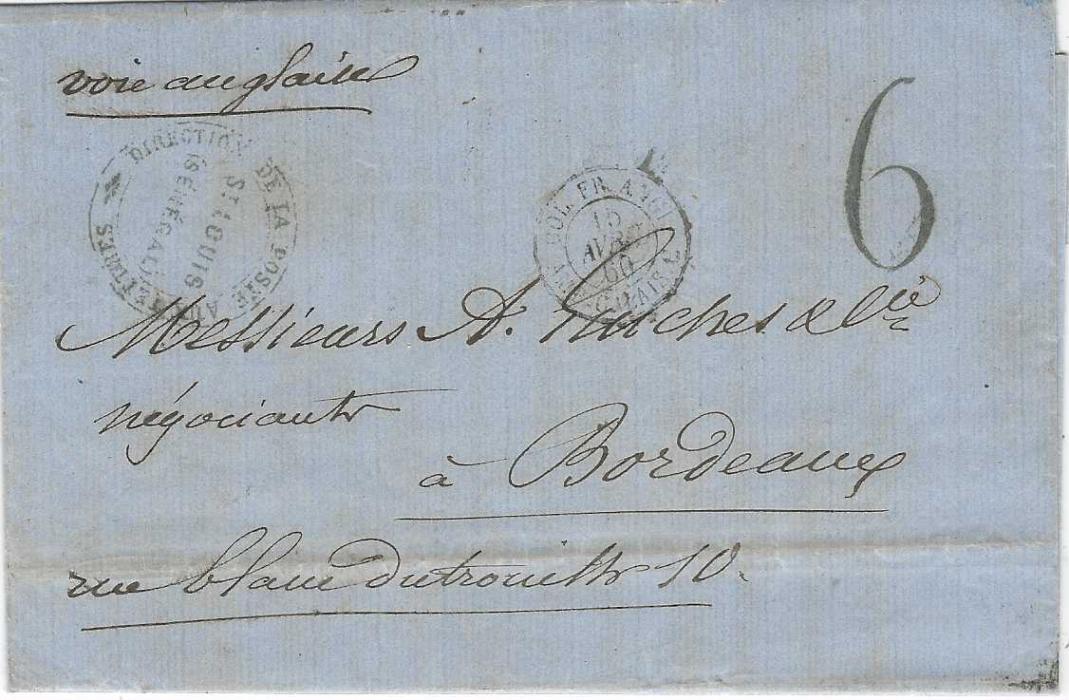 Senegal 1859-1860 Three items with entire to Bordeaux with OUTRE-MER PAVILLAC date stamp, charged at 60c. as no indication of origin, so charge international rate, envelope with Direction De La Poste Aux Lettres St Louis Senegal hand stamp and ‘COL FR ANGL AMB CALAIS’ date stamp and entire similarly handstamped, without the PD but same maritime cancel.