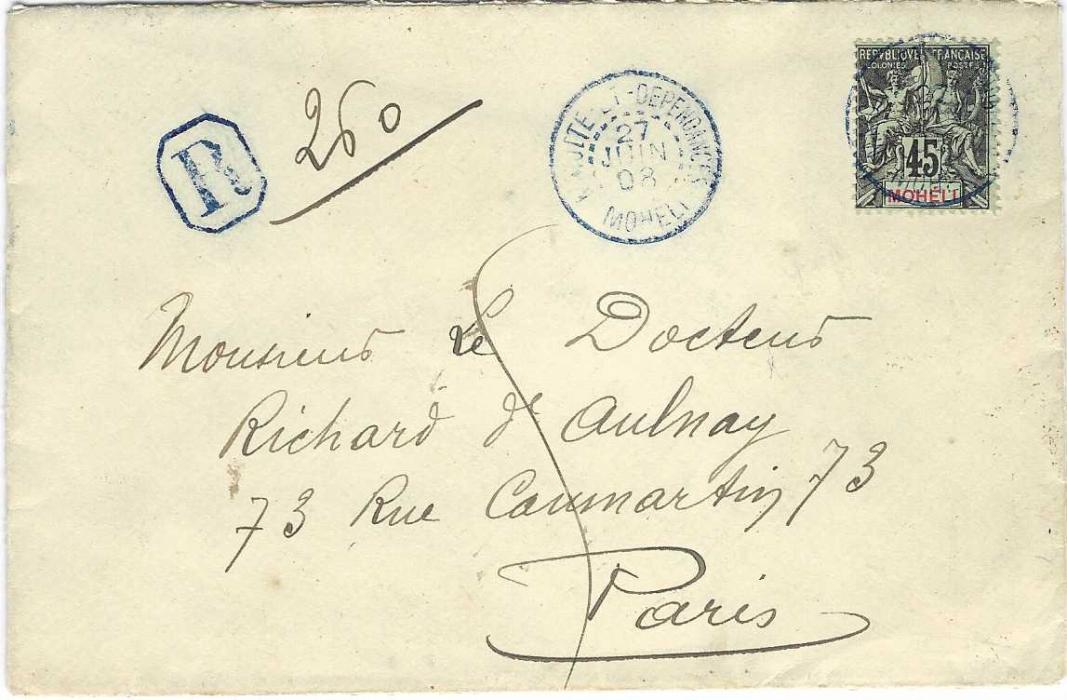 Comoro Islands (Moheli) 1908 (27 Juin) registered cover to Paris bearing single franking 45c. tied by blue Mayotte  et Dependances Moheli cds with registration handstamp to left in same colour. Fine example of rare double weight registered French community rate. Ex Grabowski, who recorded six known 45c single franking usages.