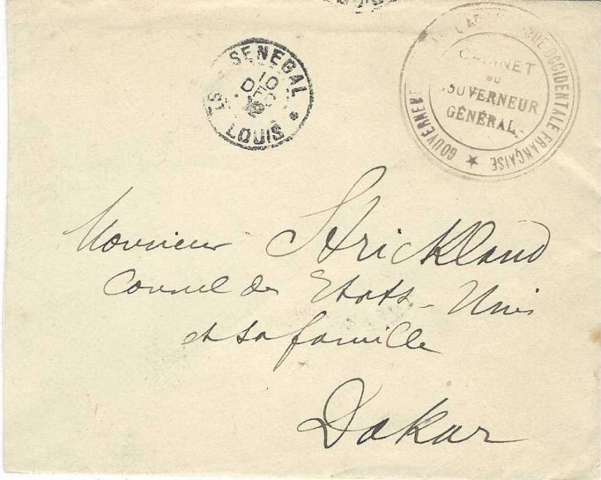Senegal 1902 (10 Dec) printed invitation to American Consul within stampless envelope to Dakar bearing privilege cachet of Governor General at right and St. Louis despatch . Ex Grabowski, on his album page.