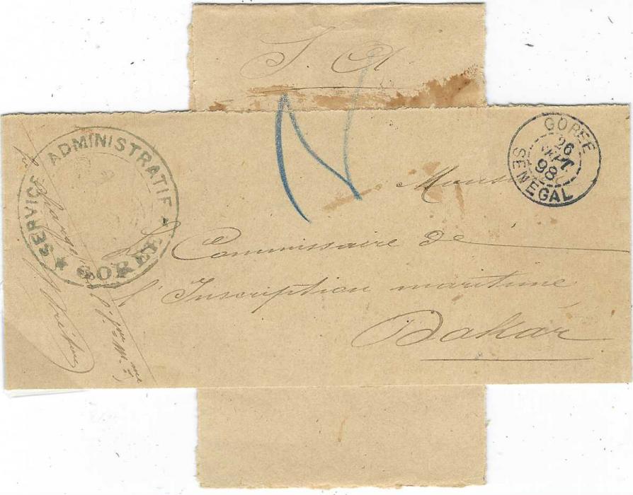 Senegal 1898 and 1899 wrapper and envelope from Goree to Dakar, both stampless and endorsed “S.a” and with large SERVICE ADMINISTATIE GOREE handstamp with Officials signature. Ex Grabowski, on his album page.