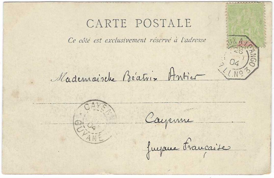 Senegal 1904 5c printed matter rate cover to Toulouse with octagonal Buenos Ayres A Bordeaux and postcard to Cayenne, French Guiana cancelled Bordeaux A Loango. Good examples of the two lines that regularly called at Dakar. Ex Grabowski, on his album page.