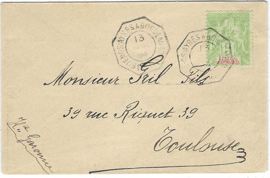 Senegal 1904 5c printed matter rate cover to Toulouse with octagonal Buenos Ayres A Bordeaux and postcard to Cayenne, French Guiana cancelled Bordeaux A Loango. Good examples of the two lines that regularly called at Dakar. Ex Grabowski, on his album page.