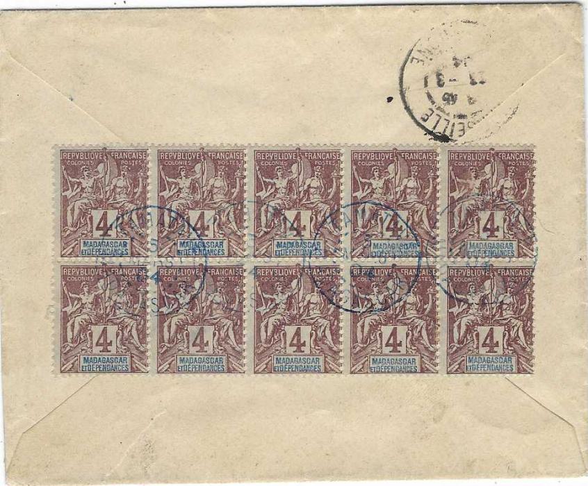 Madagascar 1904 (5 Mars) registered cover franked on reverse block of ten 4c. tied Tamatave  cds to Marseille and a single franking 40c. Diego Suarez on 1900 registered cover to Isere tied Tamatave cds. Both 40c. registered French community rates.  Ex Grabowski, on his album page.