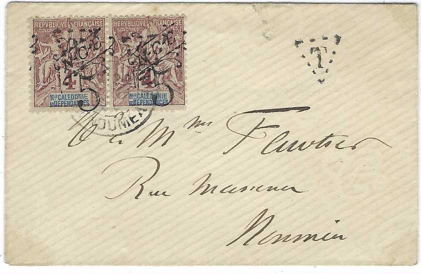 New Caledonia Two 1900 unsealed envelopes used within Noumea that should have been franked 5c. printed matter rate but as without franking were charged at 10c. and two 5 on 4c. applied with triangular dotted framed ‘T’ both on stamps and envelope tied Noumea cds; fine condition. Ex. Grabowski, on his album page.