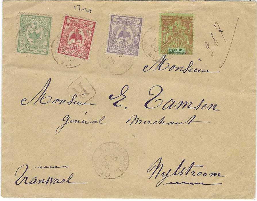 New Caledonia 1905 and 1909 registered letters bearing combination frankings between Group Type and ‘Kagu’ definitives, 1905 cover at 50c overseas rate to Nylstroom, Transvaal and 1909 at 35c rate to Algeria.