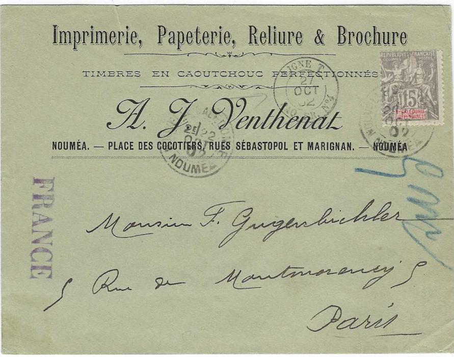 New Caledonia 1902 part printed envelope to Paris franked at 15c French Community rate and a 1913 cover with Group type 10c surcharge used at new rate. With other stamps in existence at this time, use of these surcharges is generally rare.