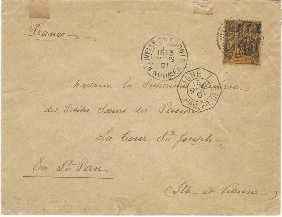 New Caledonia 1900 and 1901 envelopes to France corrcetly franked at Community rate of 15c. using the 1899-1901 surcharges with, in these cases ‘15’ on 30c. and ‘15’ on 75c. Ex. Grabowski, on his album page.